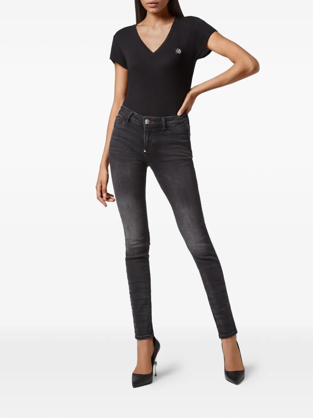  Philipp Plein Skinny Jeans Mit Logo Schild   Schwarz 