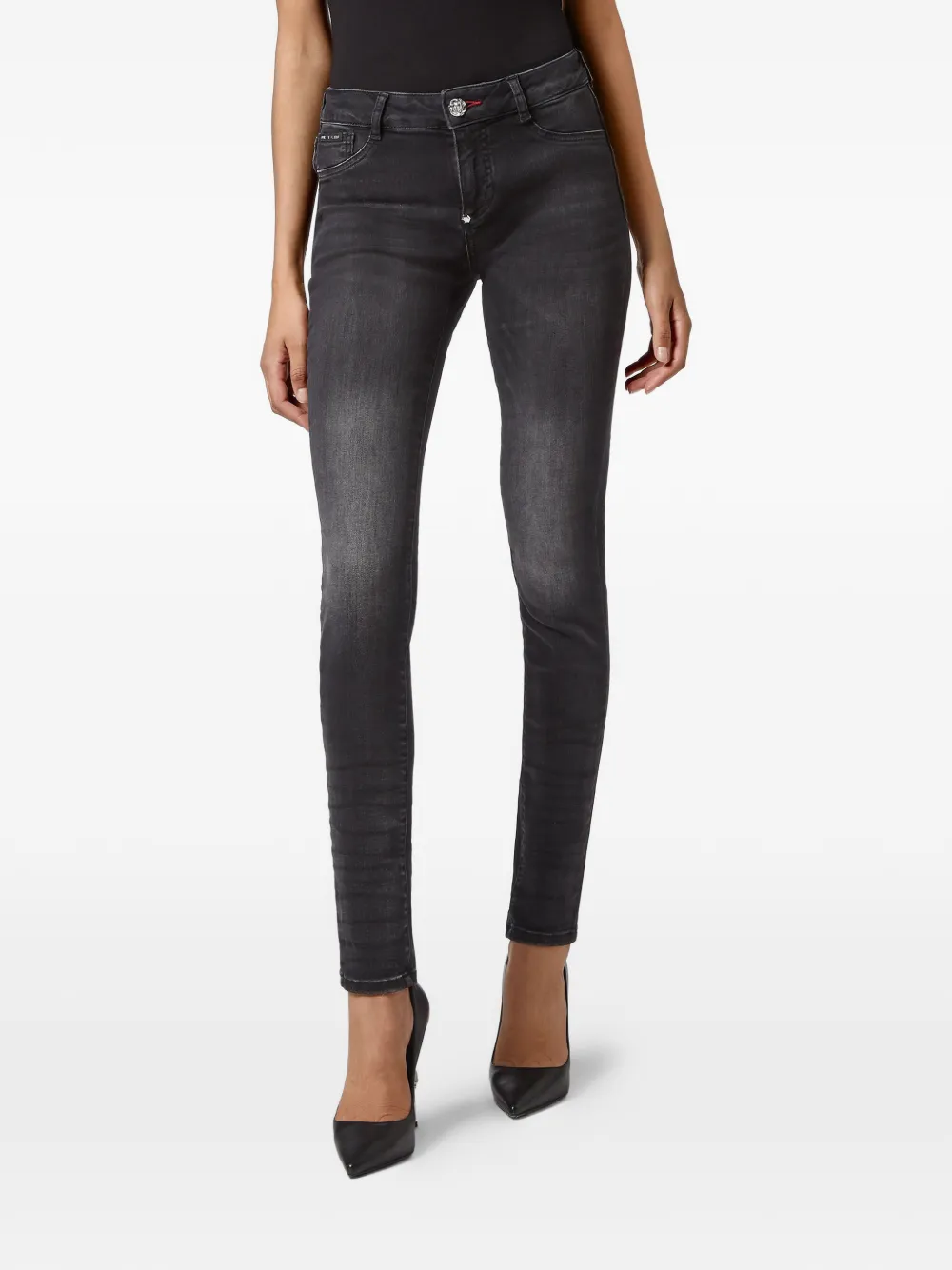  Philipp Plein Skinny Jeans Mit Logo Schild   Schwarz 
