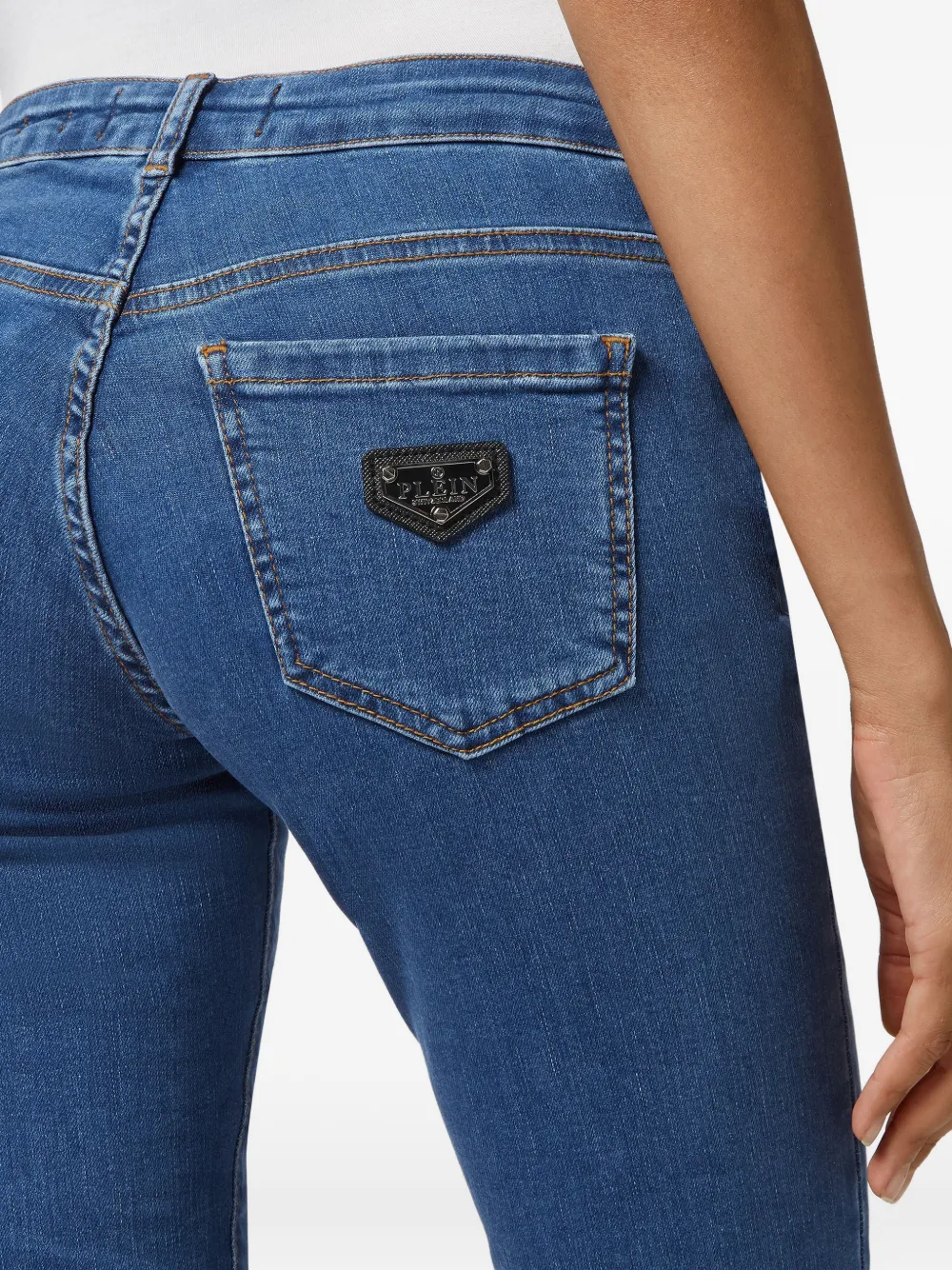 Philipp Plein Slim-fit denim jeans met logo-plakkaat Blauw