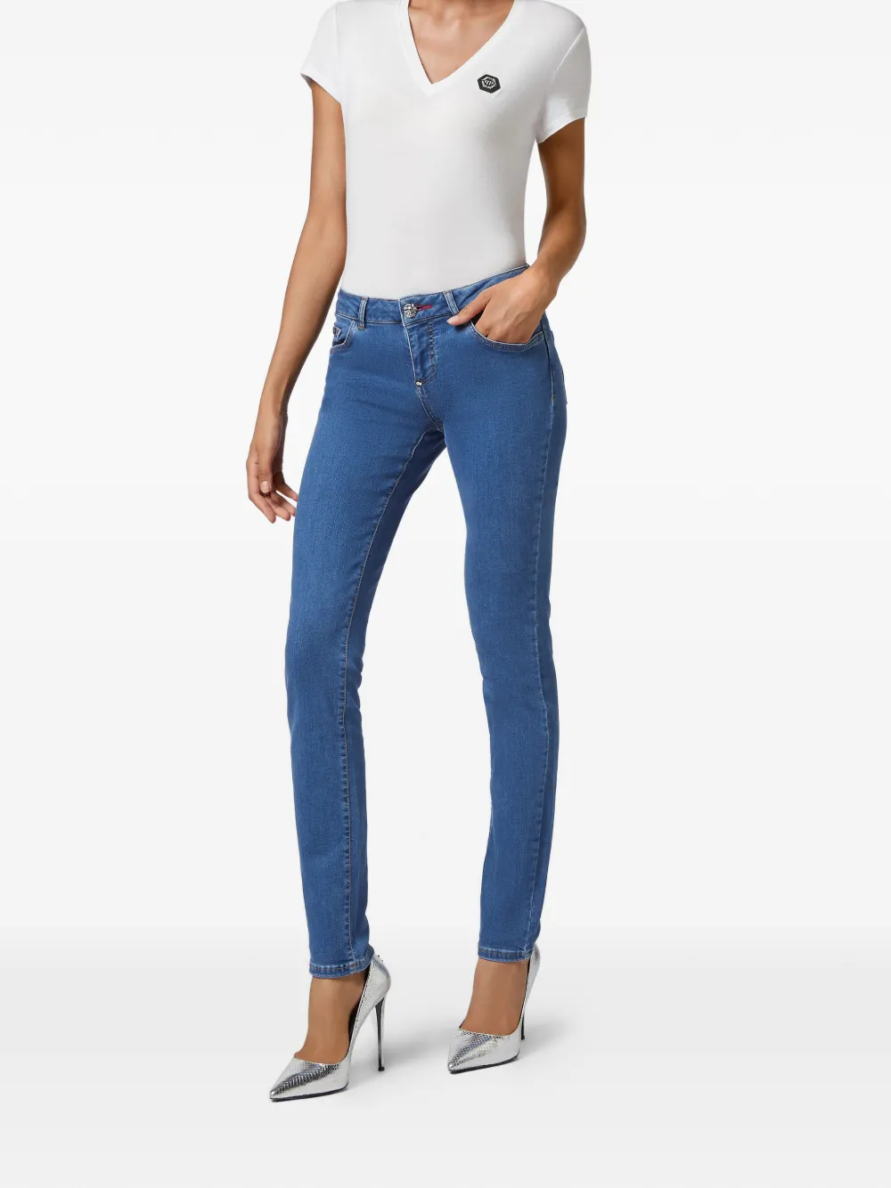  Philipp Plein Vaqueros Slim Con Placa Del Logo - Azul 