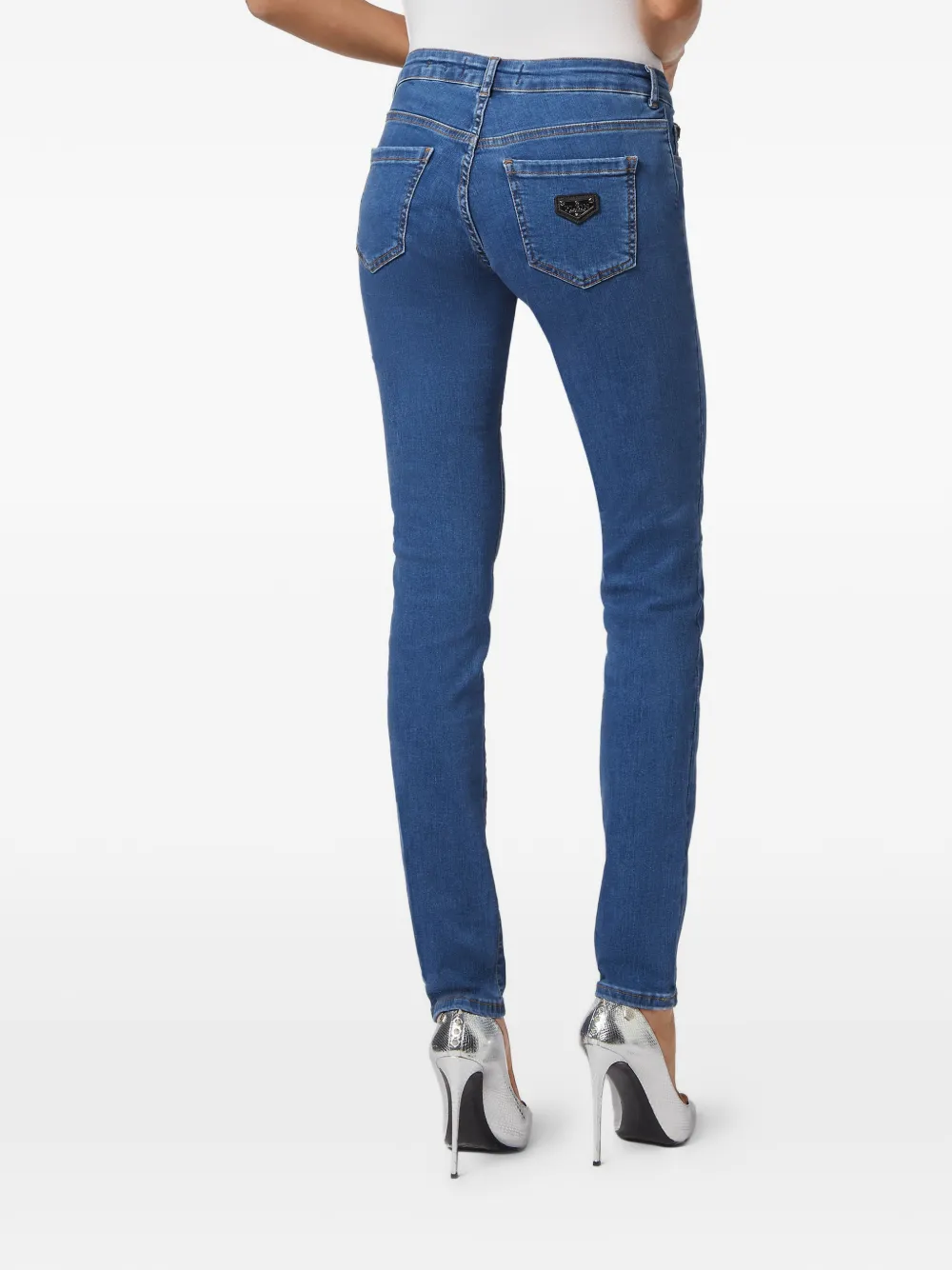 Philipp Plein Slim-fit denim jeans met logo-plakkaat Blauw