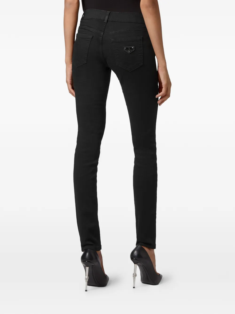 Philipp Plein Slim-fit denim jeans met logo-plakkaat Zwart