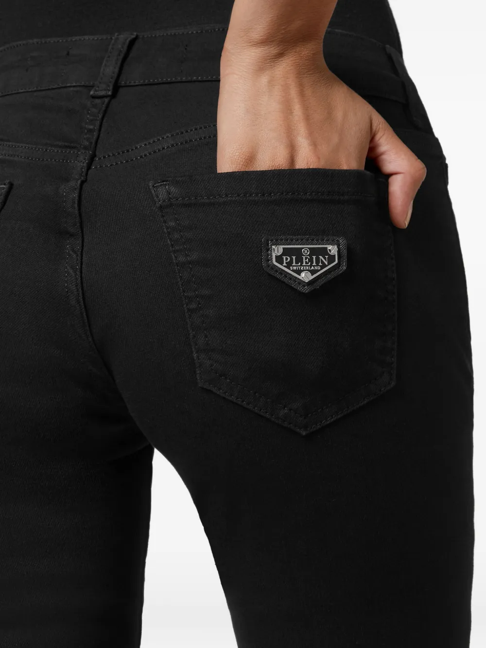 Philipp Plein Slim-fit denim jeans met logo-plakkaat Zwart