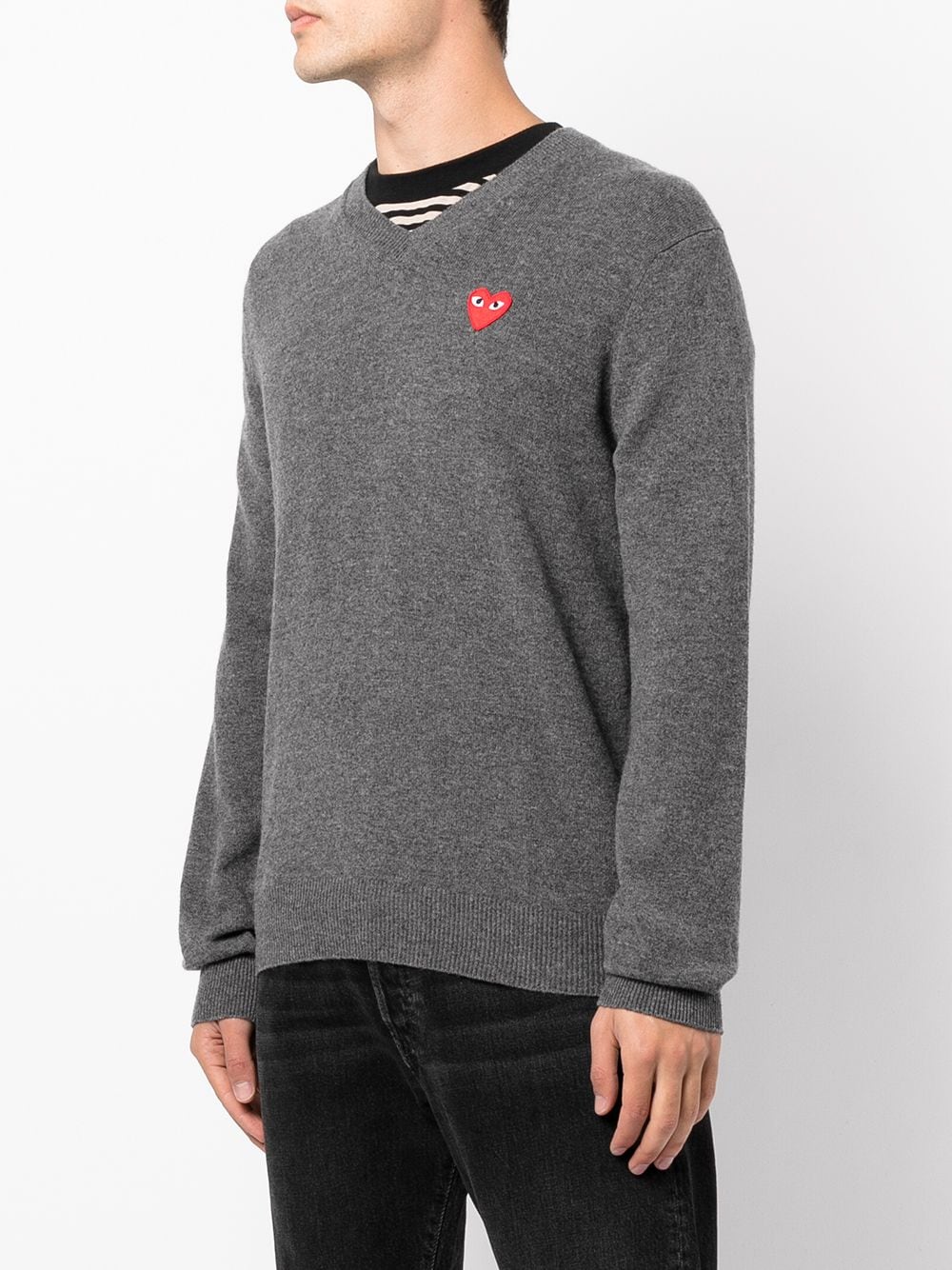 Shop Comme Des Garçons Play V-neck Knitted Heart Jumper In Grey