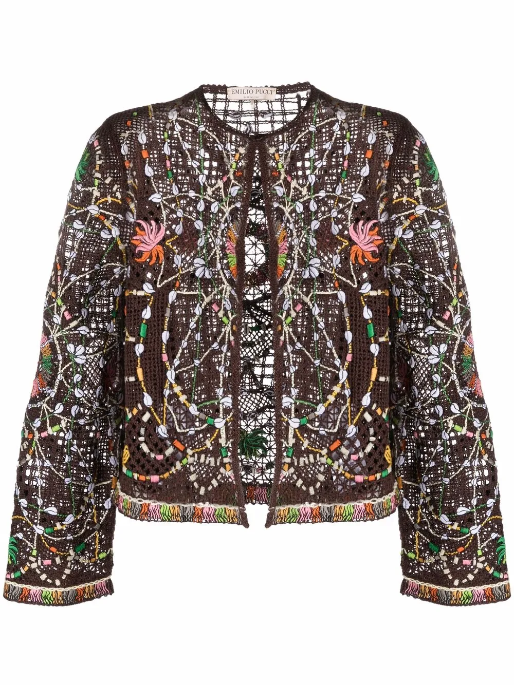 Pucci Embellished Open-knit Cardigan In Brown