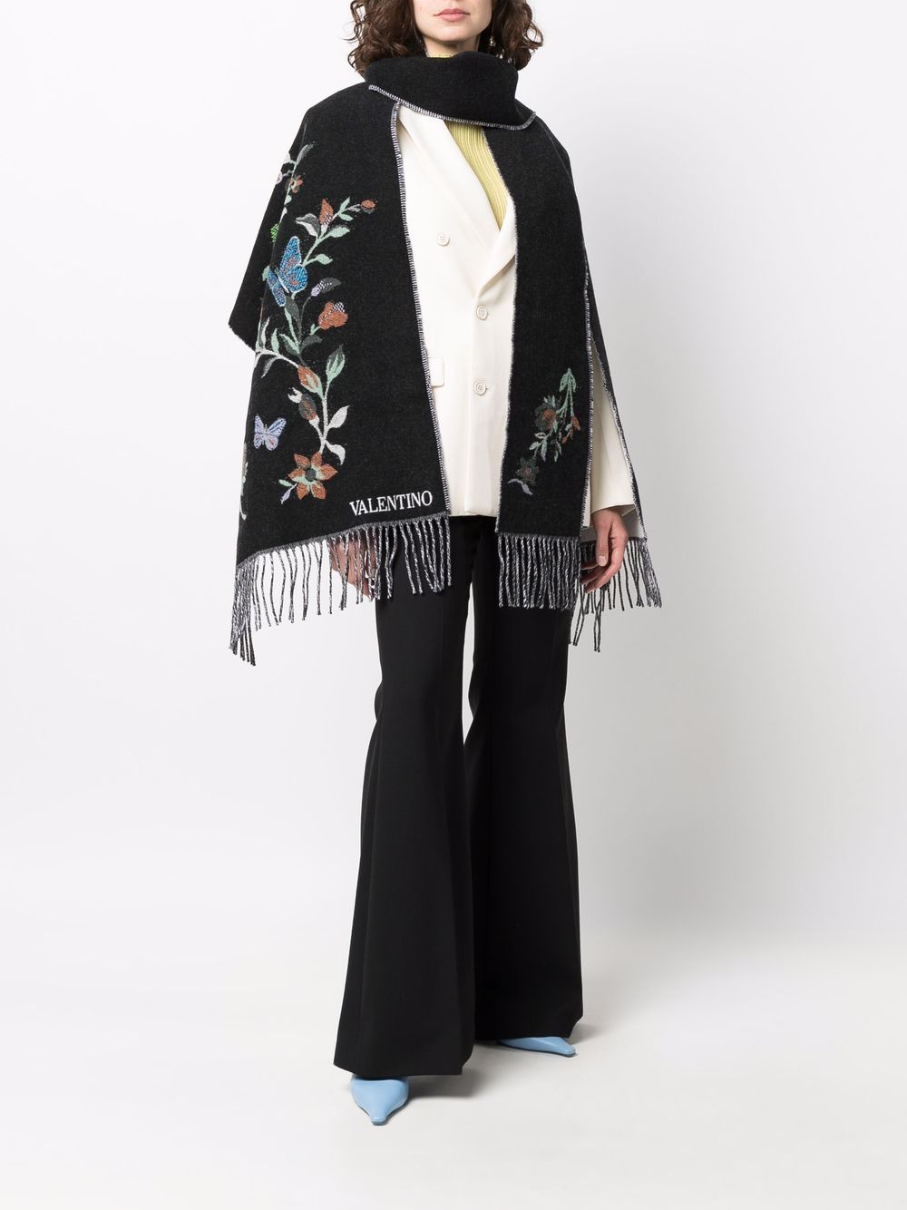 Image 2 of Valentino floral-embroidery fringed scarf