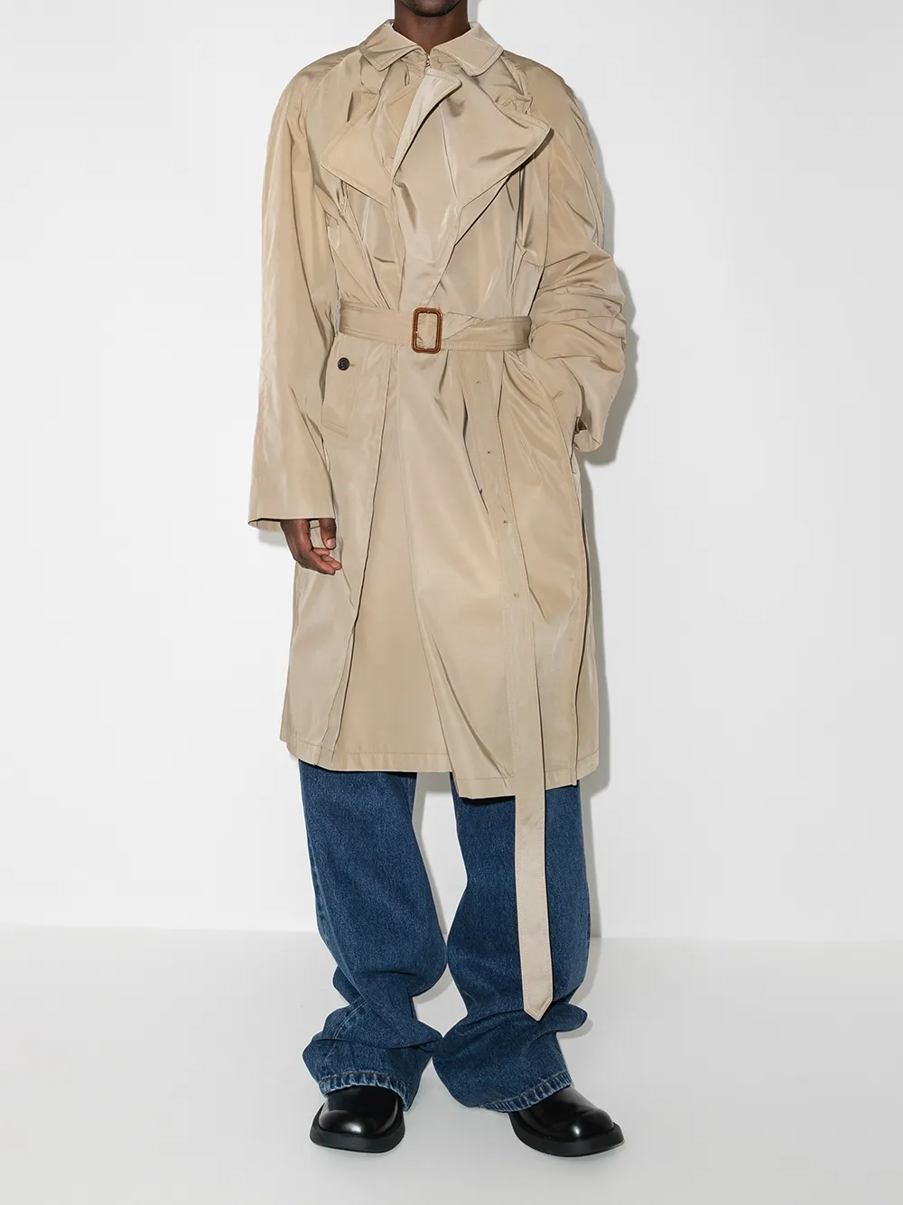 layered belted trench coat