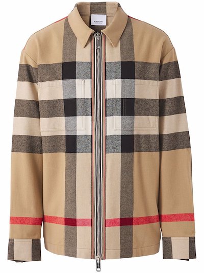 Burberry check wool-cotton zip-front shirt brown | MODES