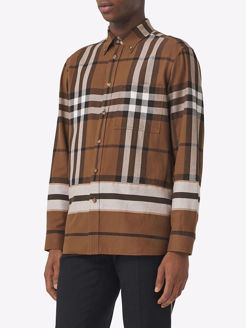 Burberry check stripe cotton flannel shirt brown | MODES