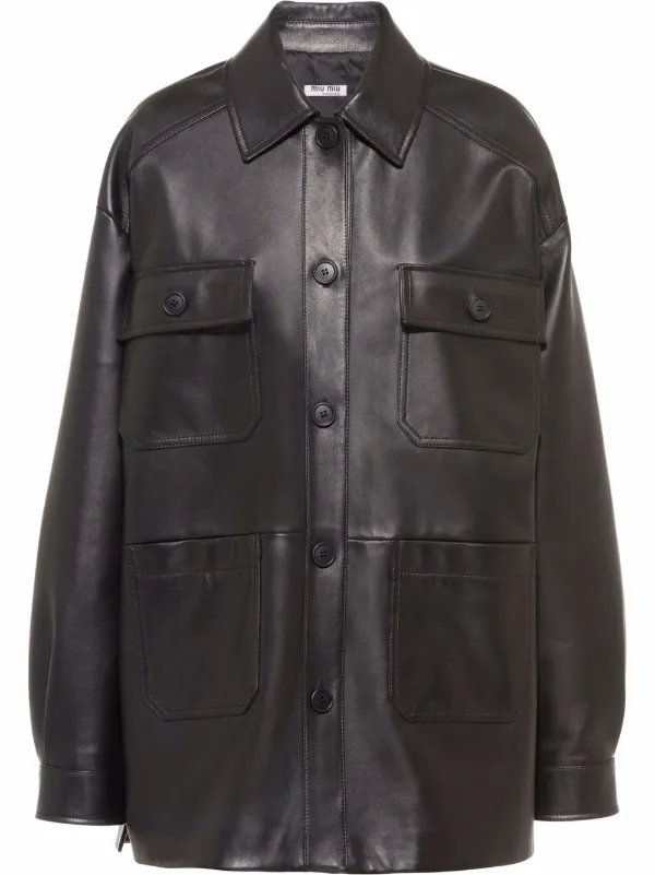 Miu Miu Flap-Pocket Button-Front Leather Jacket - Black
