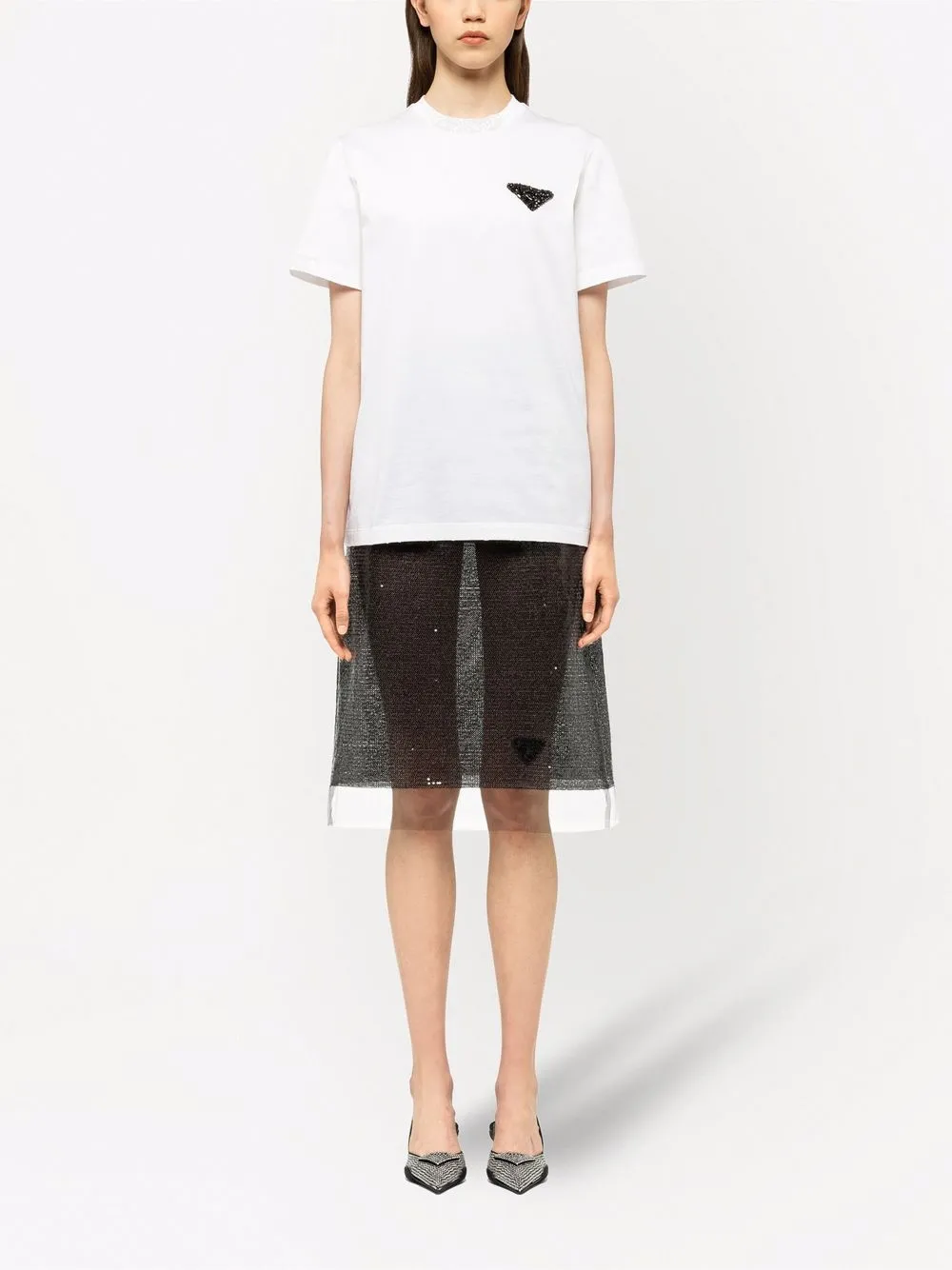 Prada Embellished Logo Jersey T-shirt In F Bianco | ModeSens