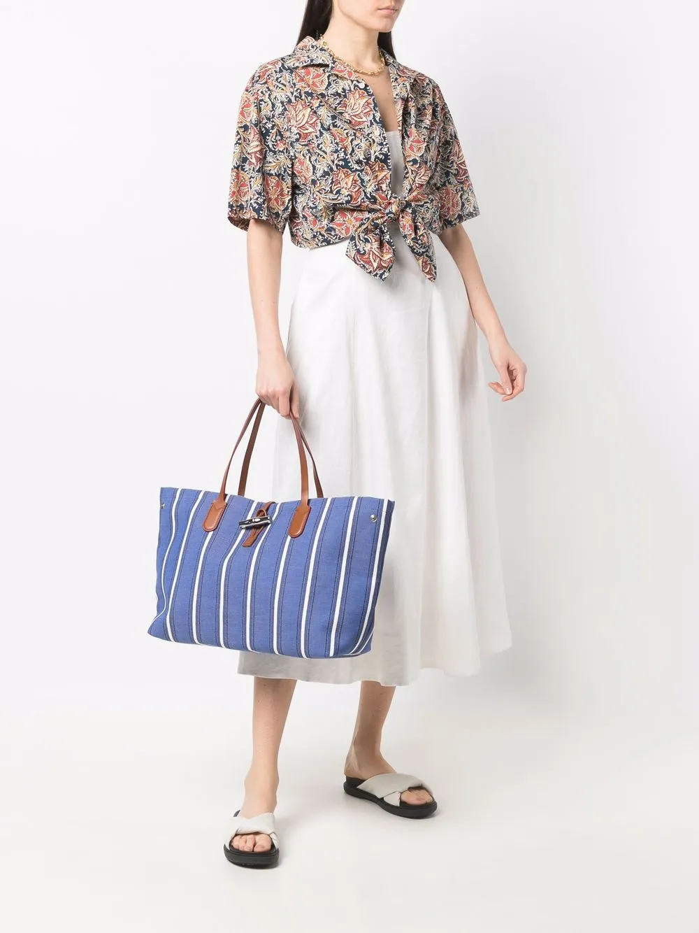 Longchamp Roseau Essential gestreepte shopper - Blauw