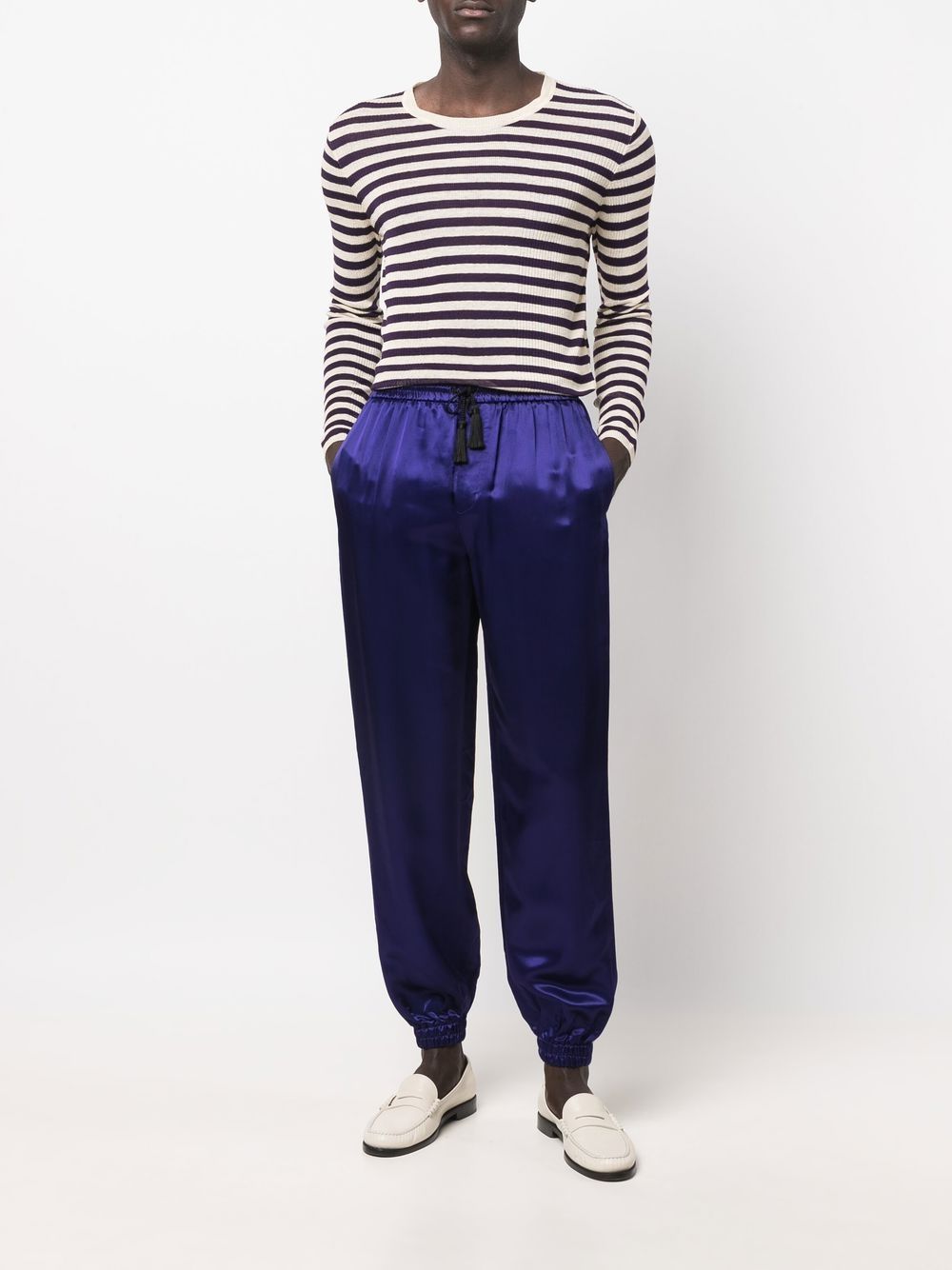 Shop Saint Laurent Tapered-leg Silk Trousers In Purple