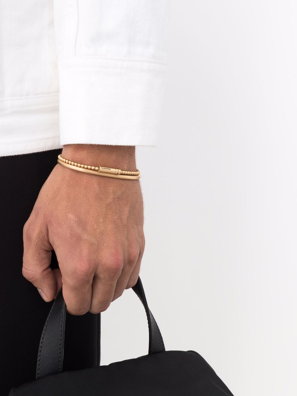 Image 2 of Le Gramme 18kt brushed yellow gold cuff and beaded bangle set