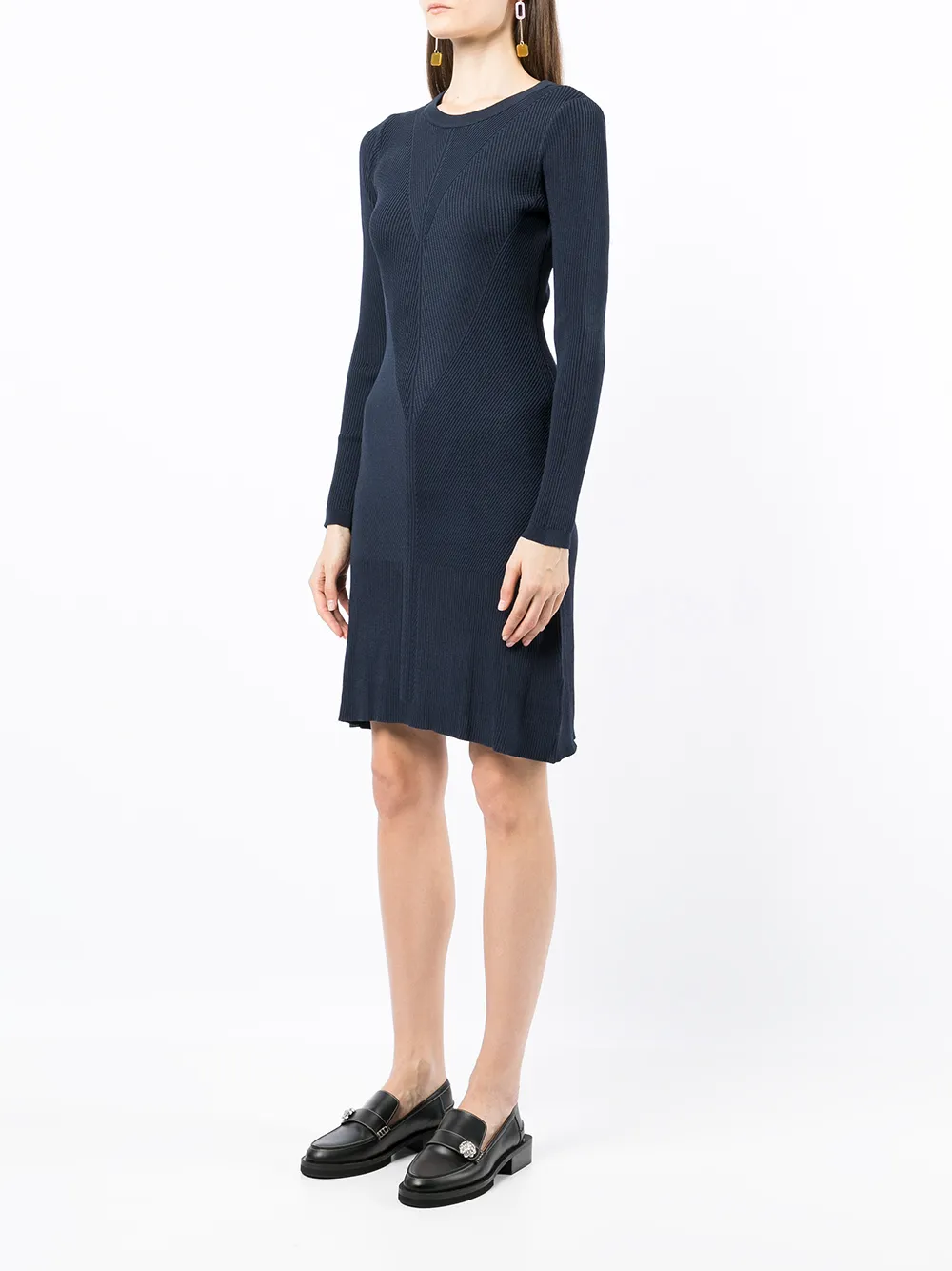 Shop Paule Ka Long-sleeved Ribbed-knit Dress In Blue