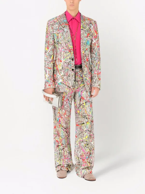 Dolce & Gabbana Paint Splatter Wide Leg Suit Trousers | Silver