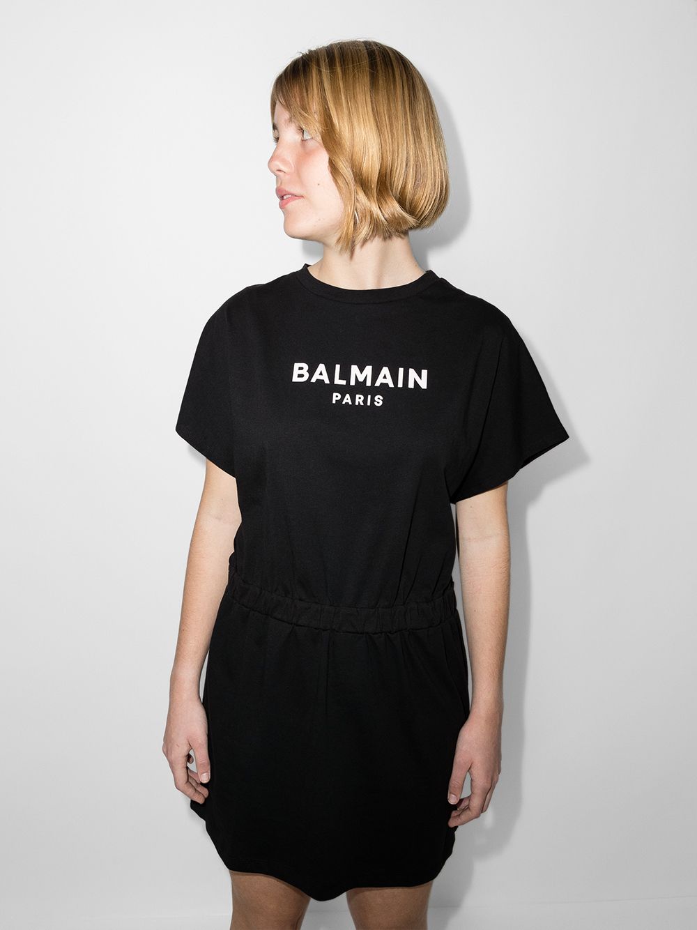 Shop Balmain Logo-print Short-sleeve Dress In Black