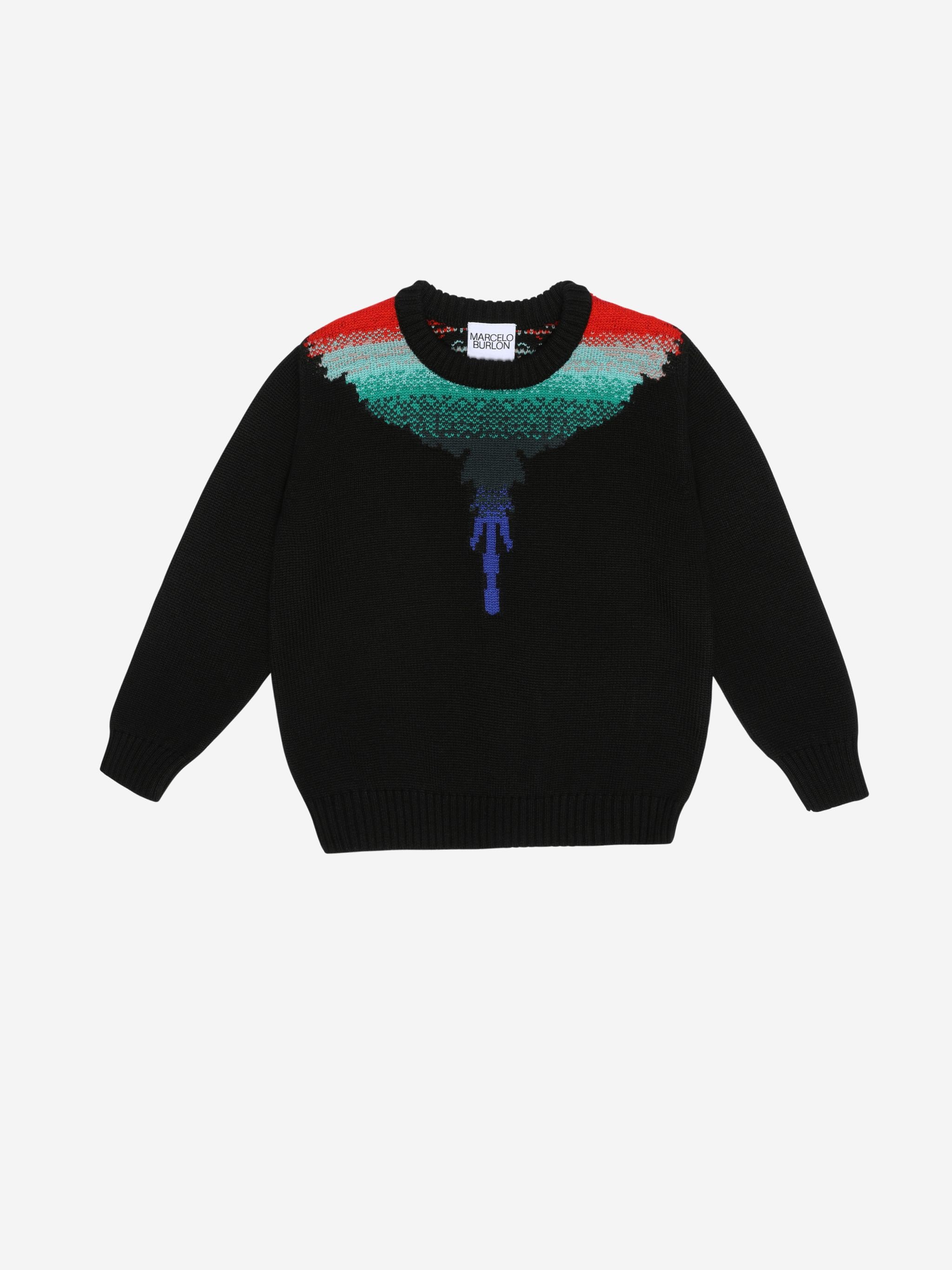 Black wool Wings knit jumper from Marcelo Burlon Kids featuring signature Marcelo Burlon Wings print, round neck, long sleeves and straight hem.