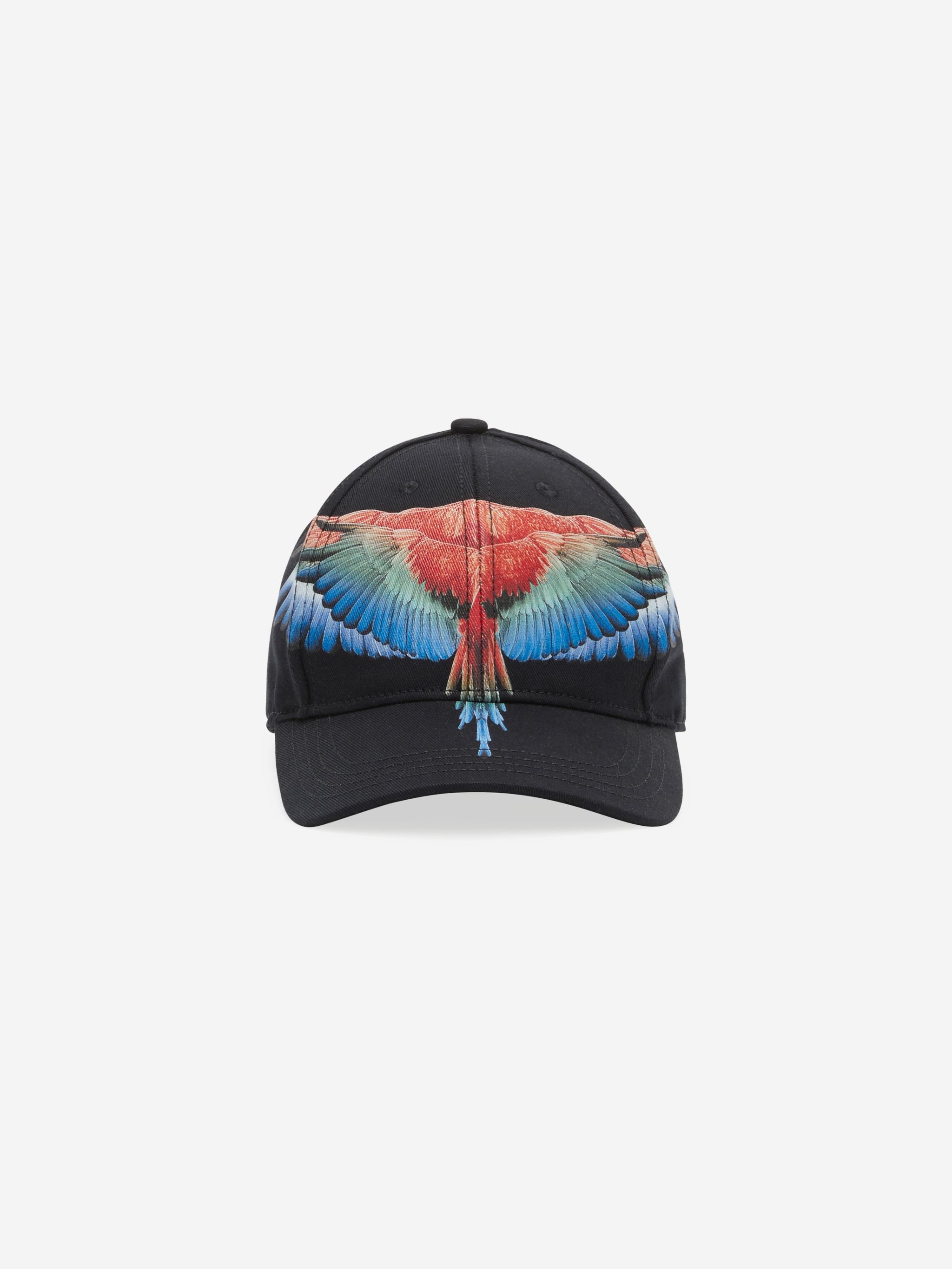 Wings baseball cap from Marcelo Burlon Kids featuring black/multicolour, cotton, signature Marcelo Burlon Wings print, curved peak, tonal stitching, eyelet detailing and adjustable press-stud fastening to the rear.