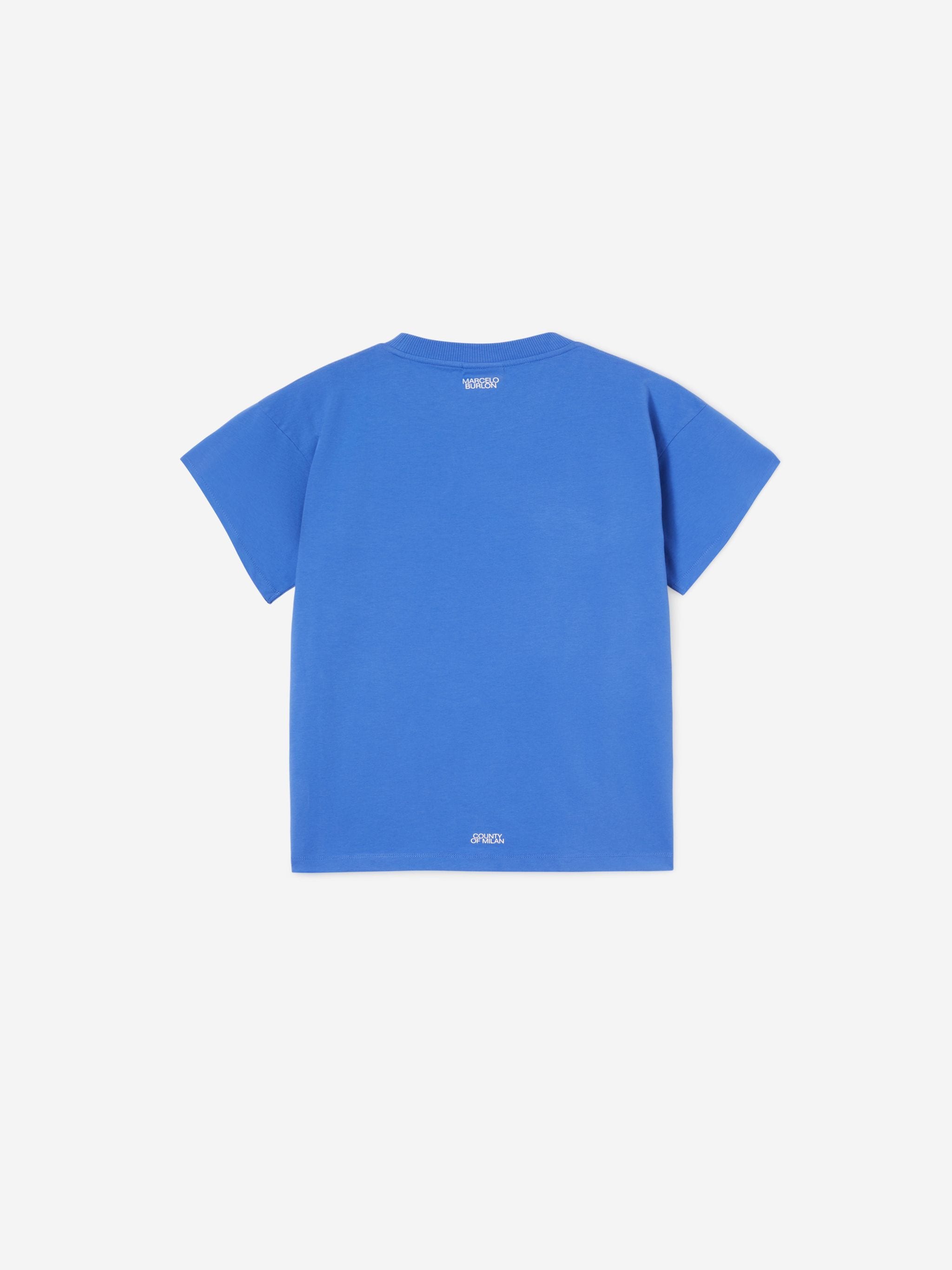 Blue/white cotton Cross-motif T-shirt from Marcelo Burlon County of Milan featuring signature Cross motif, crew neck and short sleeves. Conscious: This item is made from at least 50% organic materials.
