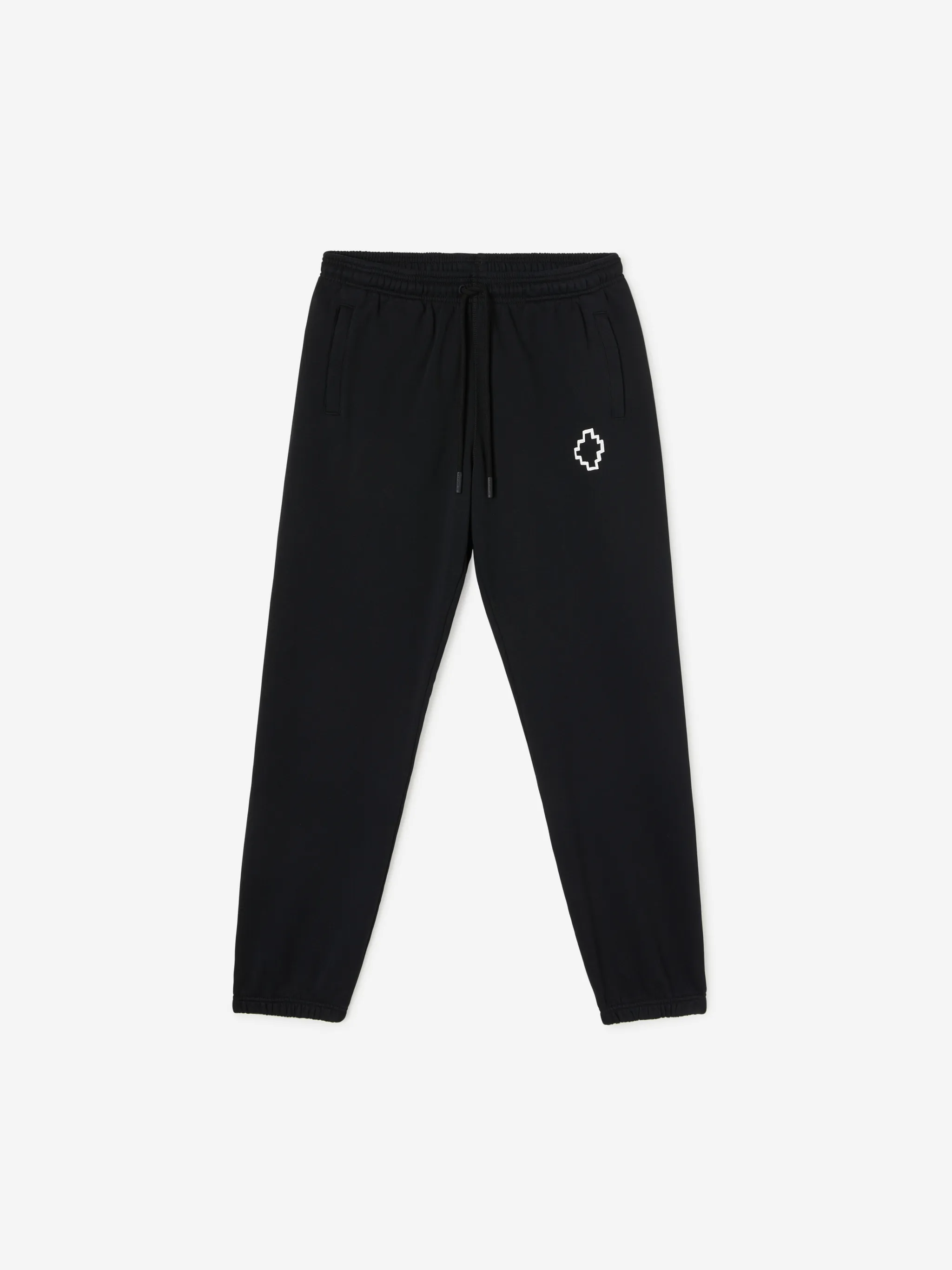 Black organic cotton Tempera Cross track pants from Marcelo Burlon County of Milan featuring elasticated drawstring waistband, two side slit pockets, straight leg, signature Cross motif and rear welt pocket. Conscious: This item is made from at least 50% organic materials.