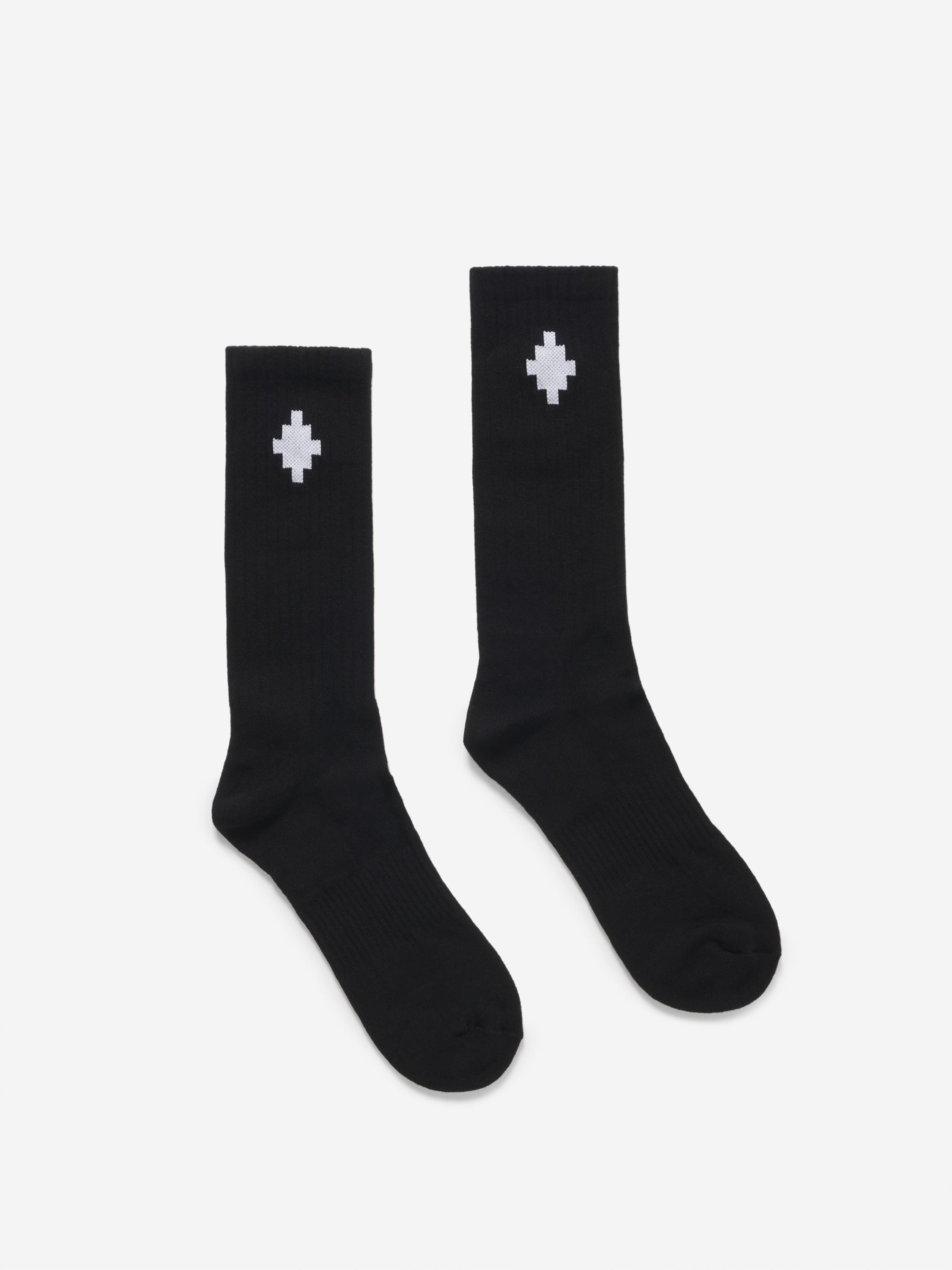 Black cotton-blend Cross ankle-high socks from Marcelo Burlon County of Milan featuring signature Cross motif, ribbed cuffs and long length. Be sure before opening, as socks and hosiery can only be returned in their original, unopened packaging..