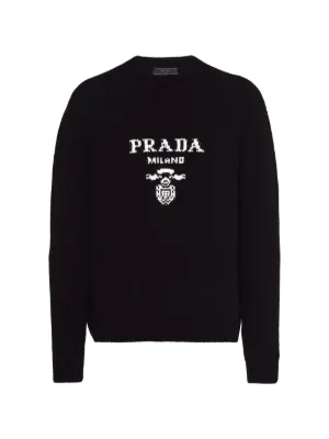Prada logo-embroidered cable-knit Jumper | Black | FARFETCH