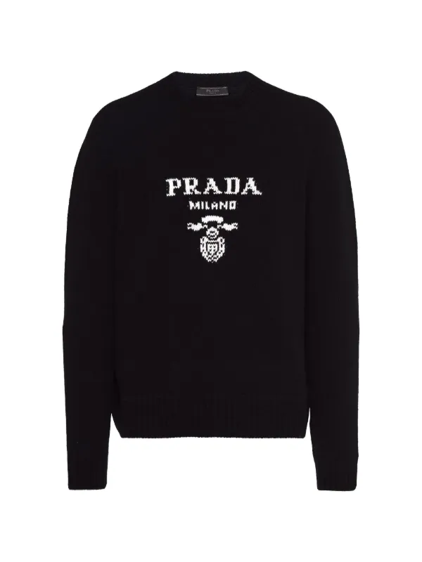 【希望価格今日のみ】PRADA CASHMEREPATTERN KNITVEST Prada Logo Intarsia Trui Van wol-kasjmier | Zwart | FARFETCH NL