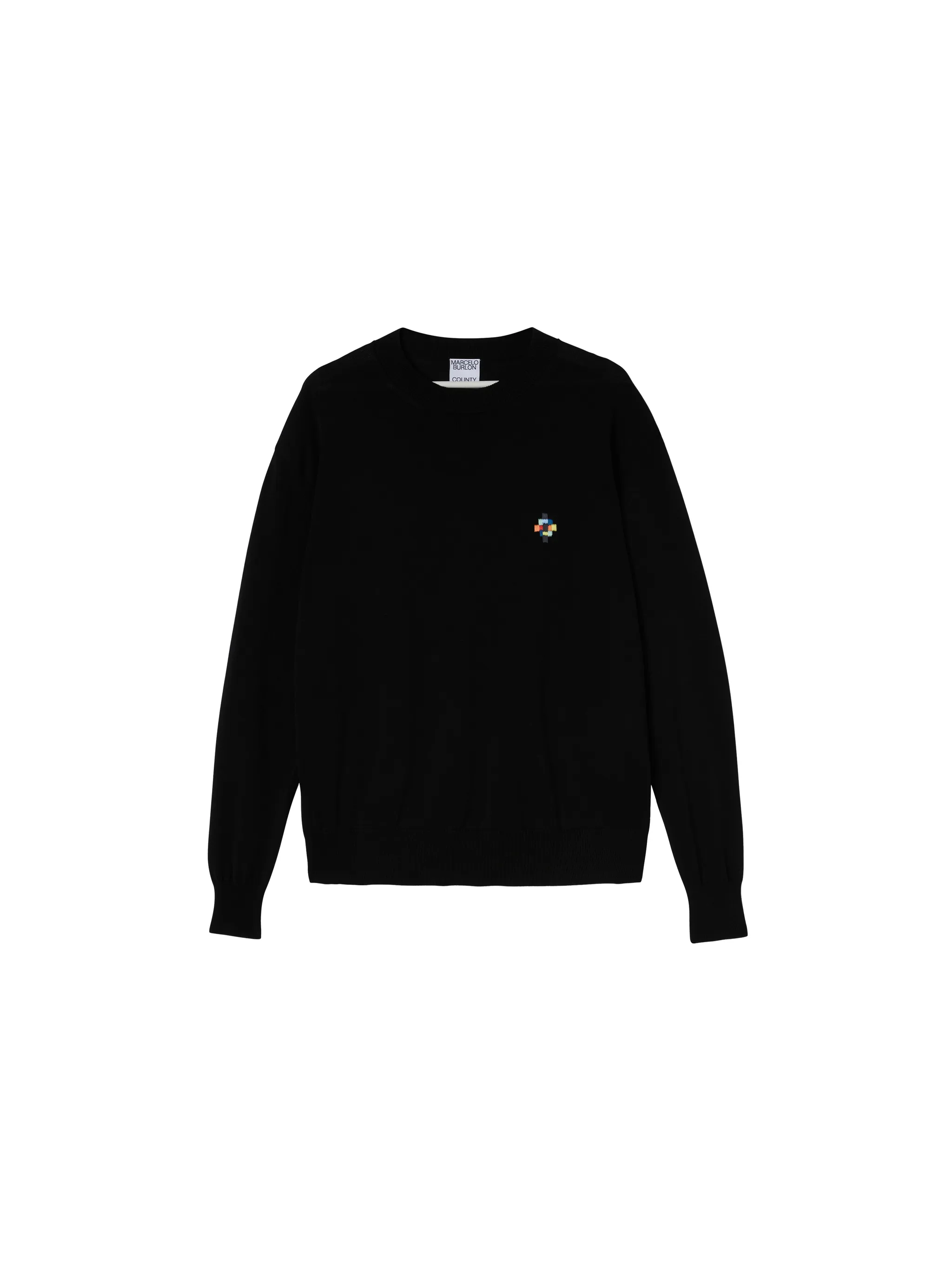 Black cotton logo-embroidered jumper from Marcelo Burlon County of Milan featuring embroidered logo at the chest, knitted construction, ribbed cuffs, long sleeves and straight hem.