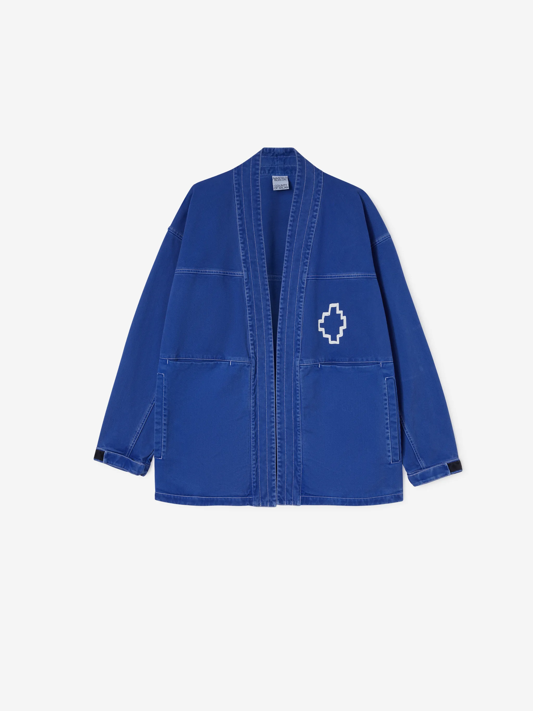 Blue cotton logo-print cotton jacket from Marcelo Burlon County of Milan featuring logo print at the chest, shawl lapels, long sleeves, exposed-seam detailing, straight hem and two front patch pockets.