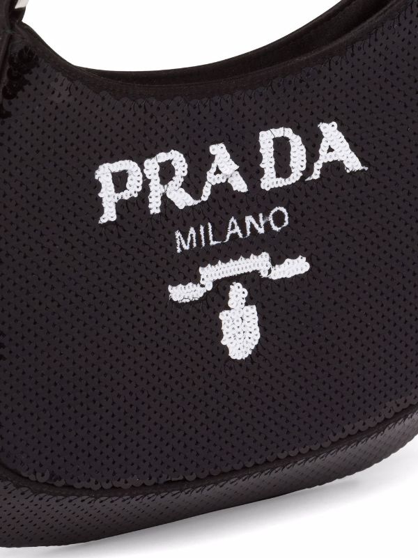 Logo Sequin Embellished Tote in Black - Prada