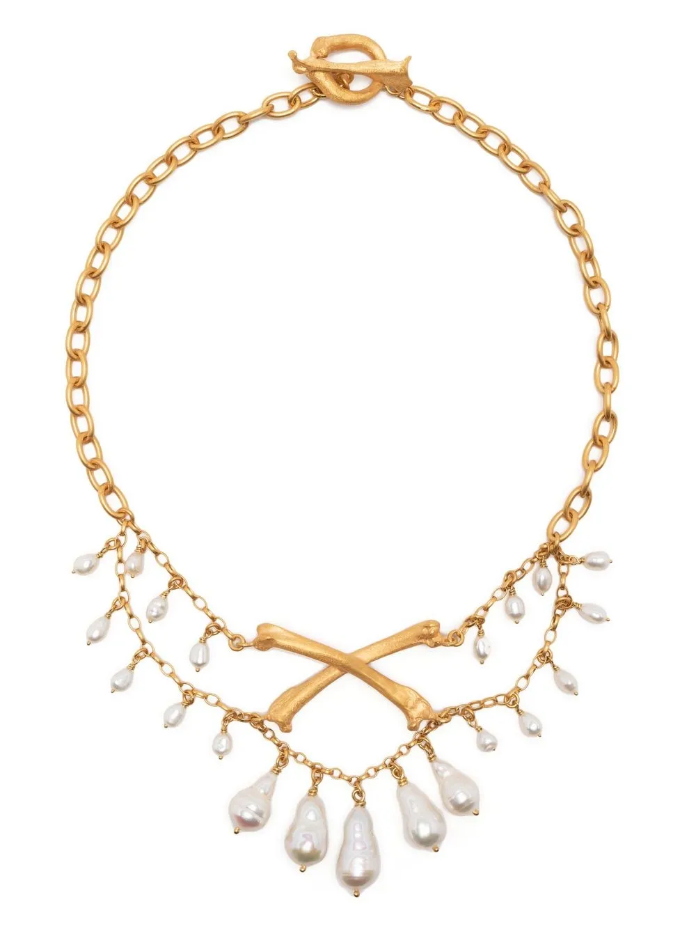 Claire English Plundered Pearl & Crossbones Necklace In Gold