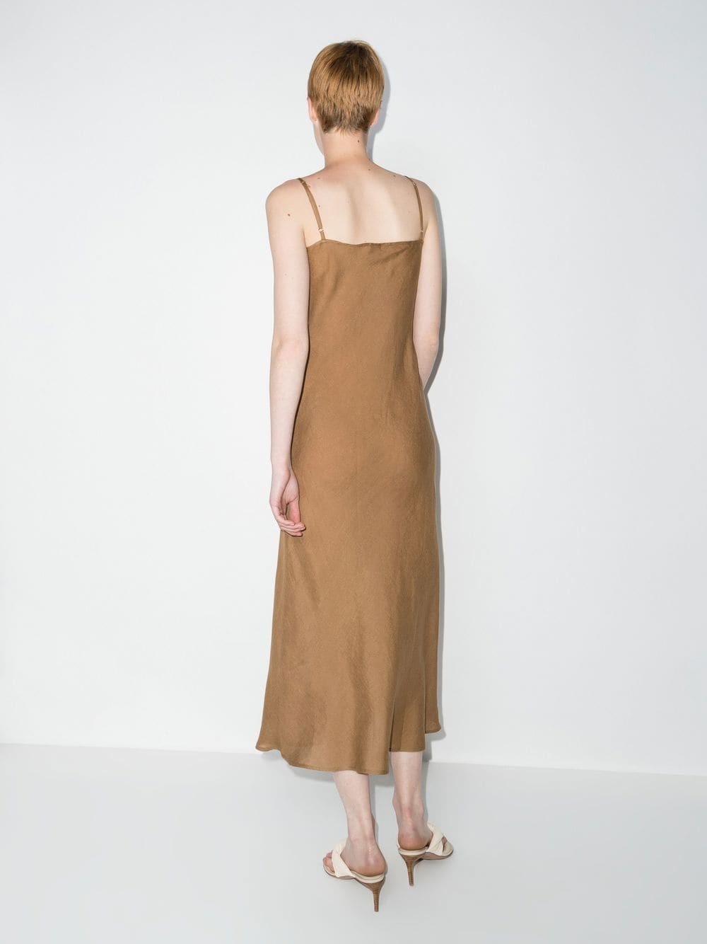 Shop Baserange U-neck Sleeveless Linen Midi Dress In Brown
