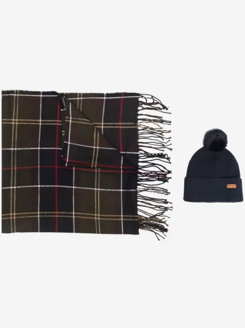 Barbour set med skotskrutig halsduk och mössa
