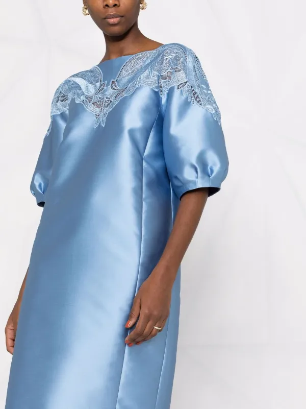 alberta ferretti blue lace dress macramé-lace balloon-sleeve Midi | neck Light blue Silk
