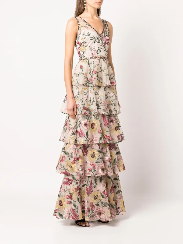 Marchesa notte v sales neck embroidered gown