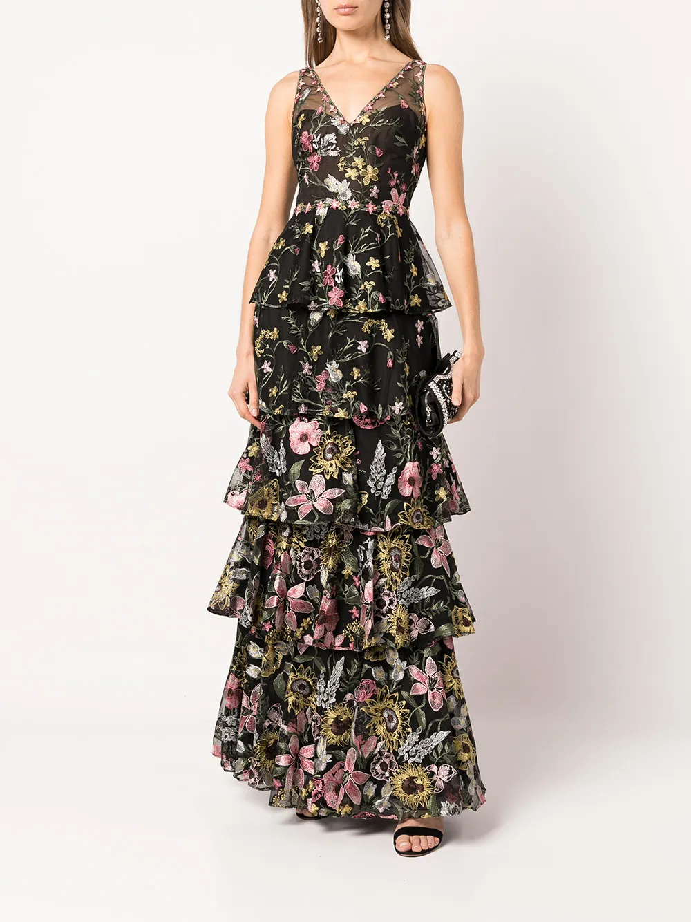 Marchesa Notte Avondjurk met geborduurde bloemen - Zwart
