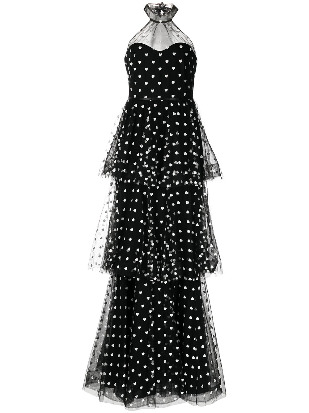 MARCHESA NOTTE HEART-PRINT TIERED MAXI GOWN