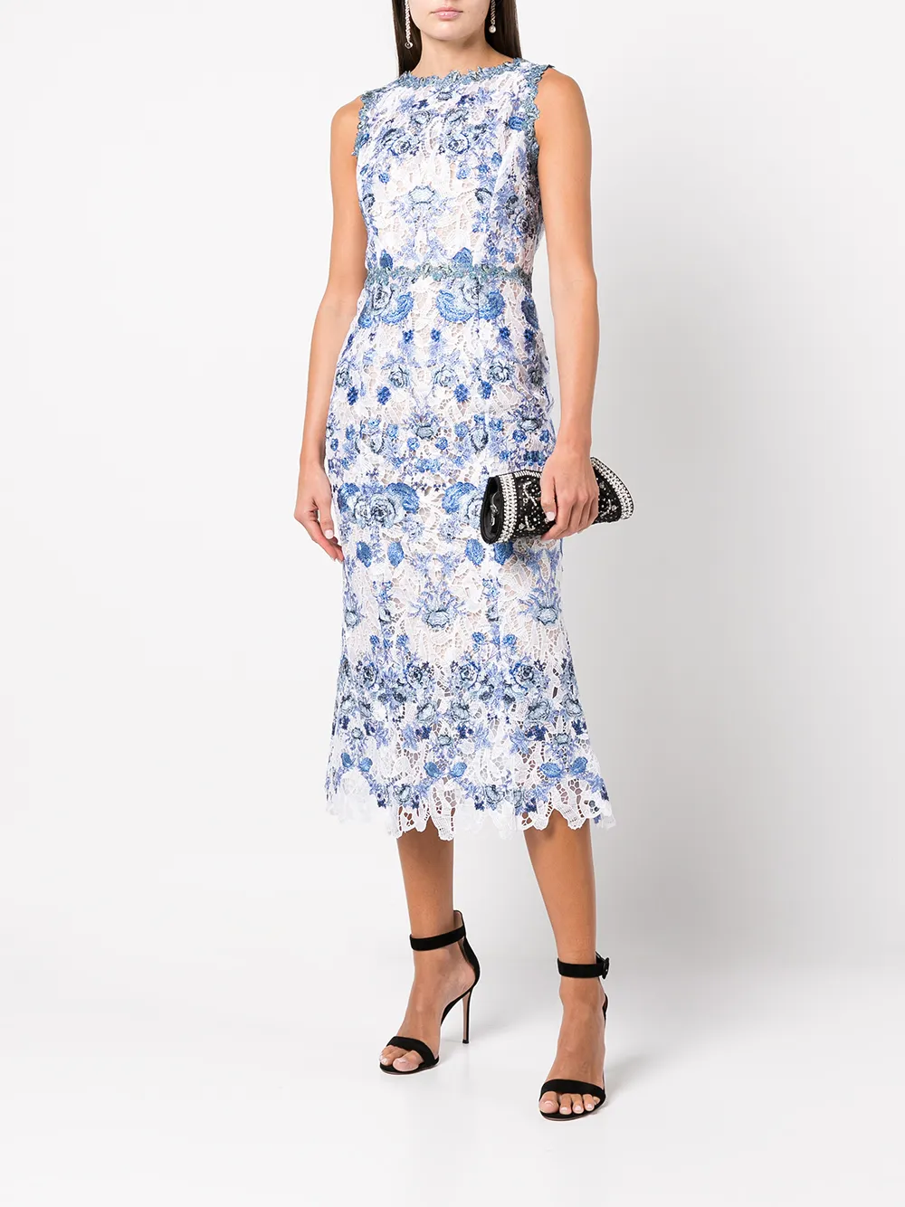 Marchesa Notte Jurk met bloemenkant - Blauw