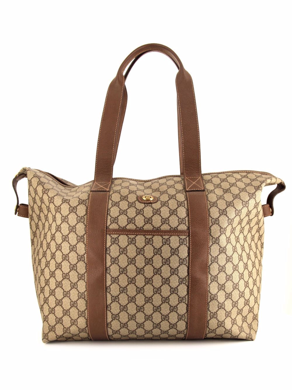 Pre-owned Gucci Monogram Logo Plaque Travel Bag In Brown