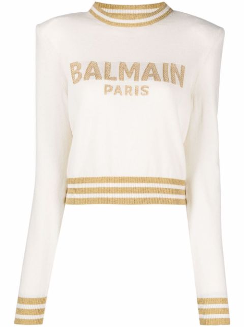 Balmain logo-intarsia cropped jumper Women