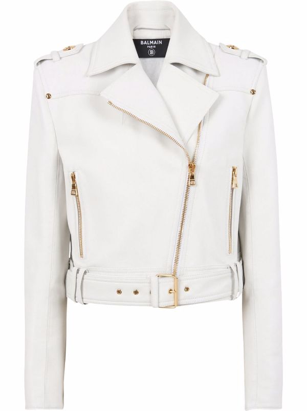 Balmain White Belted Leather Cropped Biker Jacket