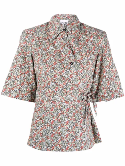 GANNI floral-print wrap shirt