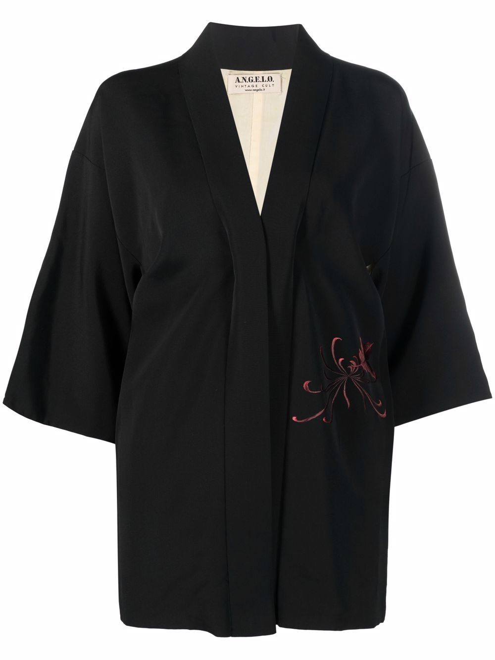 Pre-owned A.n.g.e.l.o. Vintage Cult 1970s Leaf-embroidered Silk Kimono Jacket In Black
