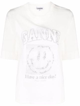 Shop GANNI smiley-print cotton T-shirt with Express Delivery - FARFETCH