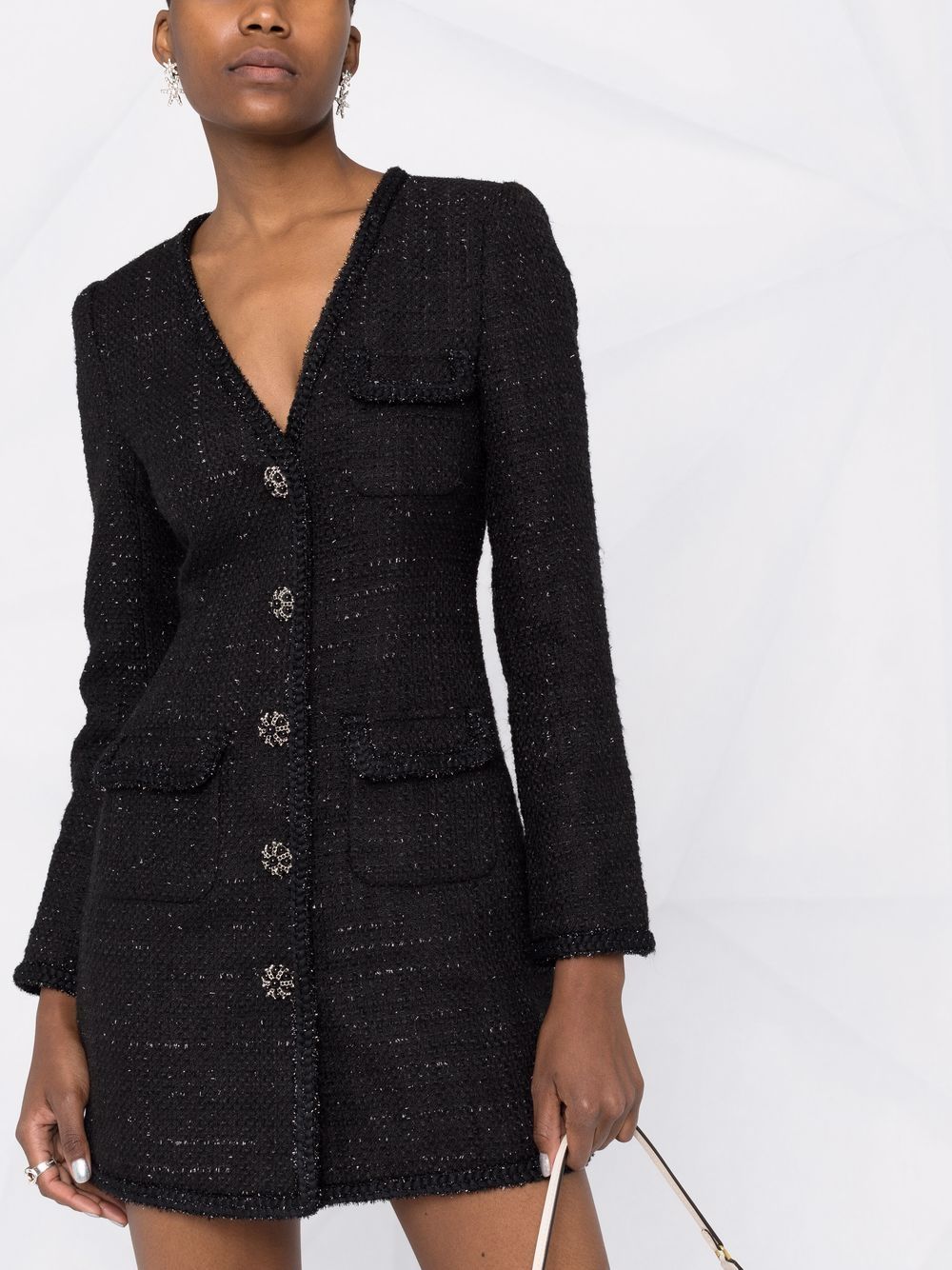 Self-portrait Bouclé-knit Button-detail Mini Dress In Black | ModeSens