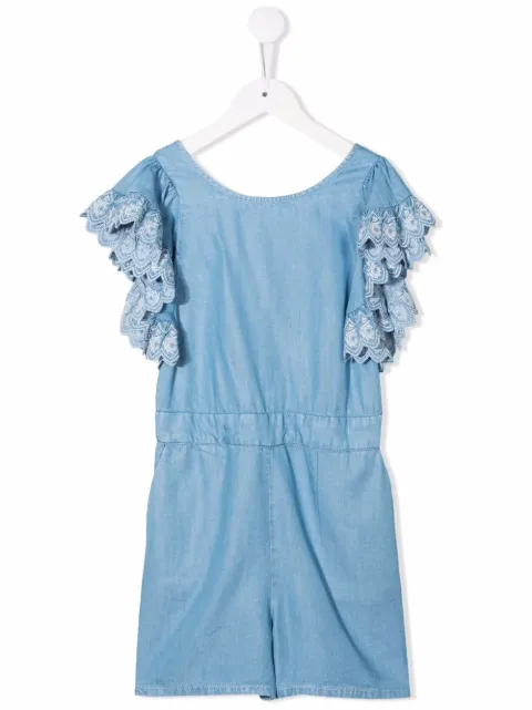 Chloé Kids بلاي سوت جينز بكرانيش ومطرز بشعار الماركة