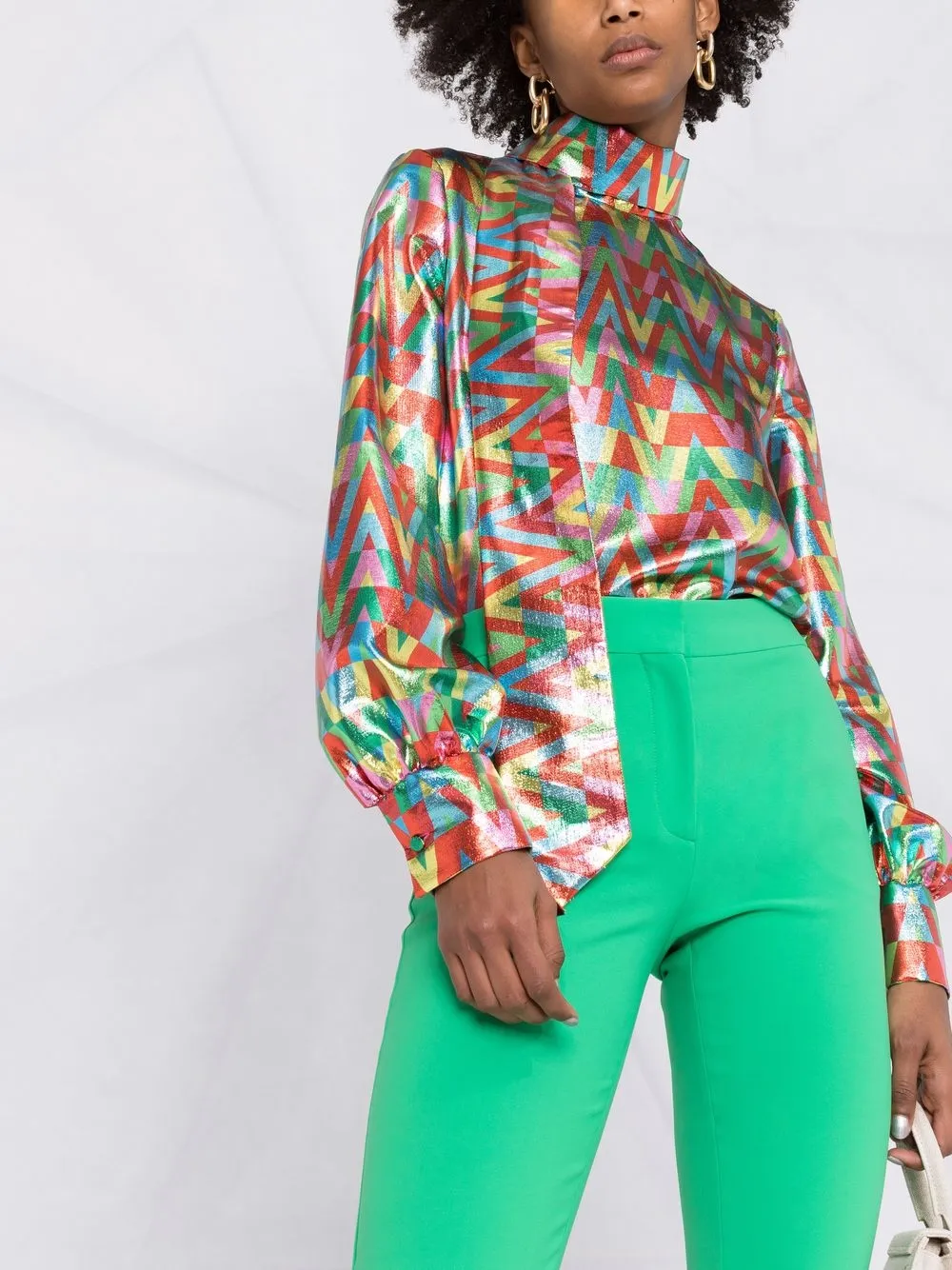 Valentino Metallic V-logo Print Neck-tie Blouse In Red