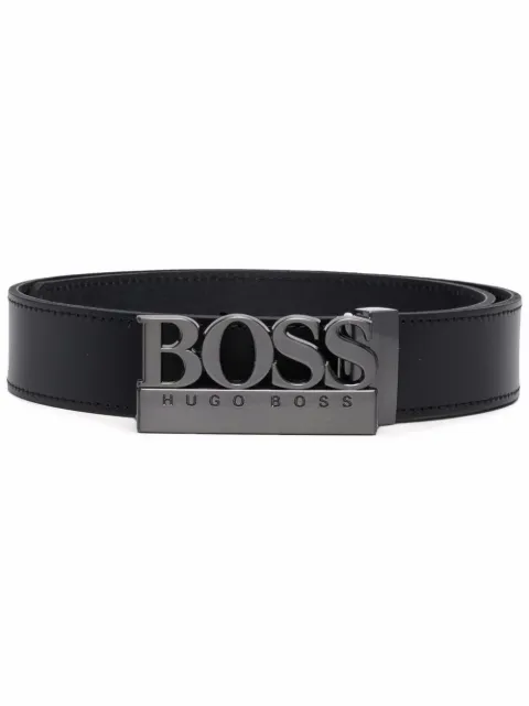 Boss Kids حزام جلد بمشبك وشعار محفور
