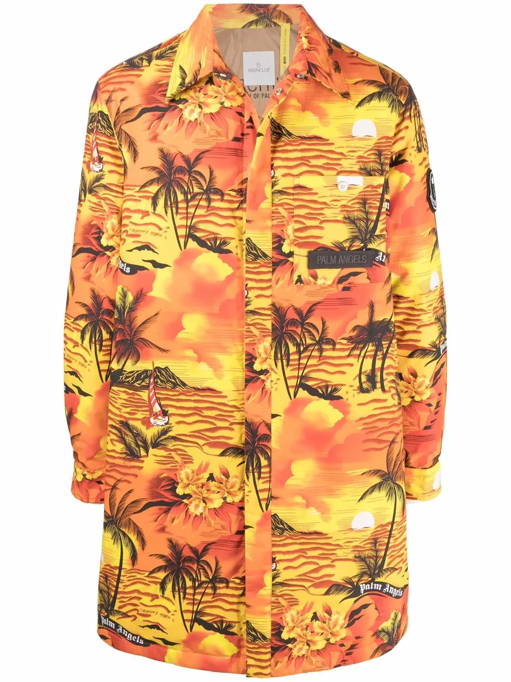 Palm Angels x Moncler Daunenmantel mit tropischem Print - Gelb